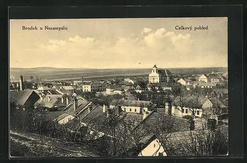 AK Brodek u Nezamyslic, Celkovy pohled, Teilansicht mit Kirche