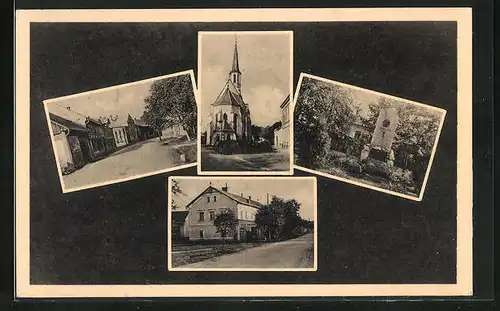 AK Bochor u Prerova, Kirche, Kriegerdenkmal, Strassenpartie