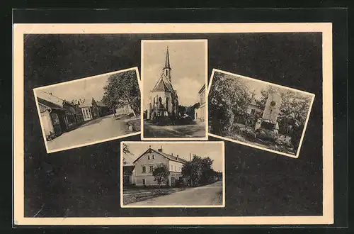 AK Bochor u Prerova, Kirche, Kriegerdenkmal, Strassenansicht