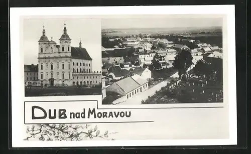 AK Dub nad Moravou, Ansicht der Kirche, Ort aus der Vogelschau