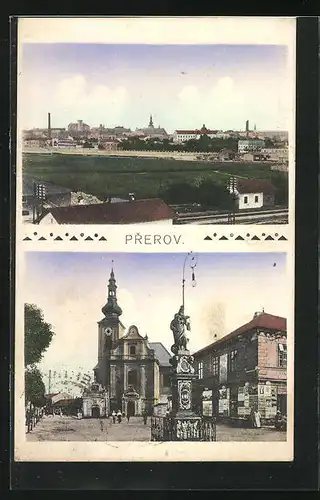 AK Prerov, Mariensäule und Kirche, Teilansicht vom Ort