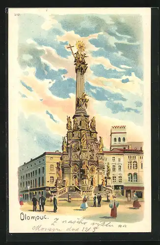Lithographie Olomouc / Olmütz, Passanten bei der Dreifaltigkeitssäule