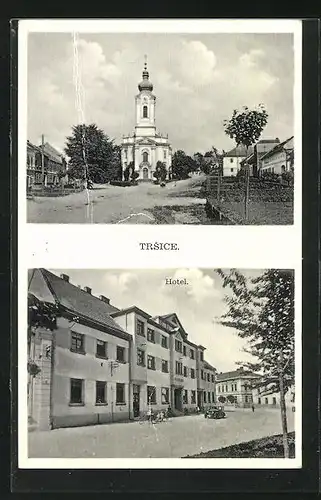 AK Trsice, Strassenpartie am Hotel, Kirche