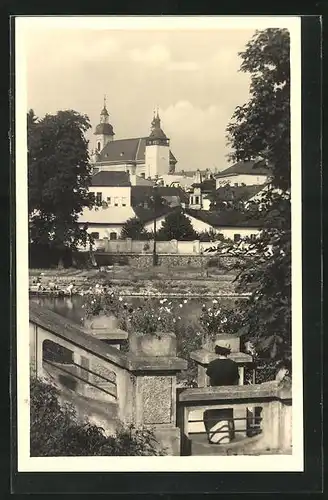 AK Mährisch Weisskirchen, Blick über den Fluss zur Kirche