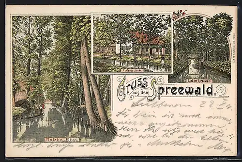 Lithographie Lübbenau, Gasthof Polenzschänke, Dolzke-Flies, Bank im Spreewald