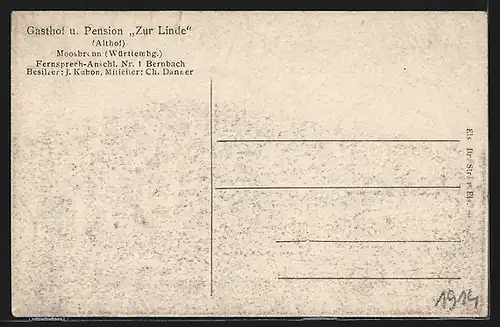 AK Moosbronn / Württembg., Gasthof-Pension Zur Linde, Bes. J. Kubon