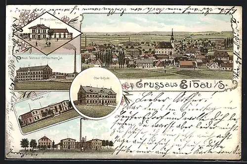 Lithographie Eibau i. S., Mech. Weberei C. F. Neumann jr., Schützenhaus, Oberschule, Panorama