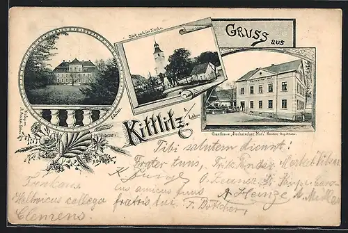 AK Kittlitz b. Löbau, Gasthaus Sächsischer Hof, Bes. August Schulze, Schloss, Kirche