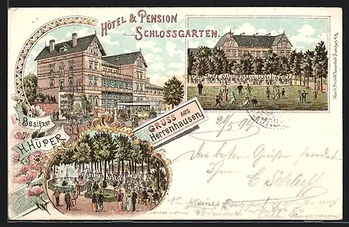 Lithographie Herrenhausen, Hotel und Pension Schlossgarten, Blumen