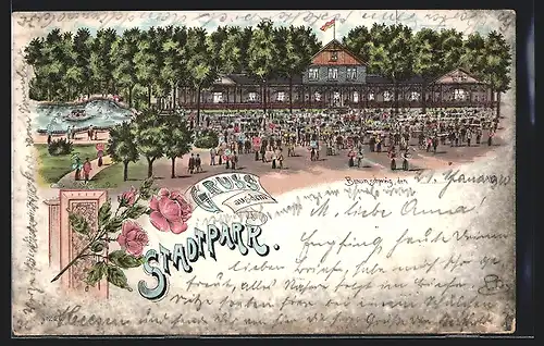 Lithographie Braunschweig, Restaurant Stadtpark mit Gästen
