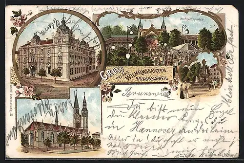 Lithographie Braunschweig, Restaurant Wilhelmsgarten, Gebäude- und Gartenansicht, Katharinen-Kirche