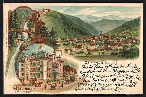 Lithographie Oppenau / Renchthal, Hotel Adler, Wasserfall, Totalansicht