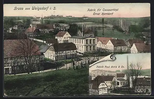 AK Weigsdorf i. S., Fabrik Paul Göhle & Co., Fabrik für Cocosartikel Ernst Hartdorf, Ortsansicht
