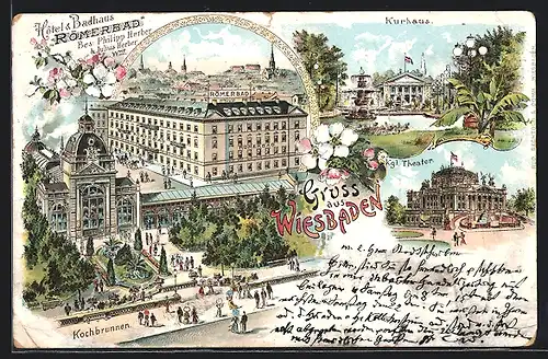 Lithographie Wiesbaden, Hotel Römerbad, Kurhaus, Kgl. Theater und Kochbrunnen