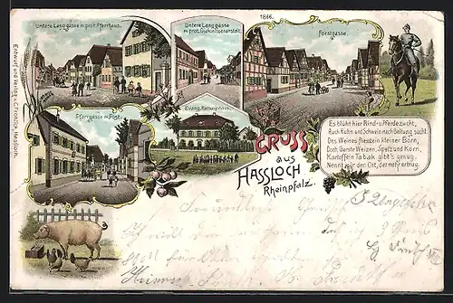 Lithographie Hassloch / Rheinpfalz, Pfarrgasse mit Post, Forstgasse, Ev. Rettungshaus