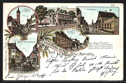 Lithographie Hassloch, Mittlere Langgasse, Bahnhof, Kirchgasse