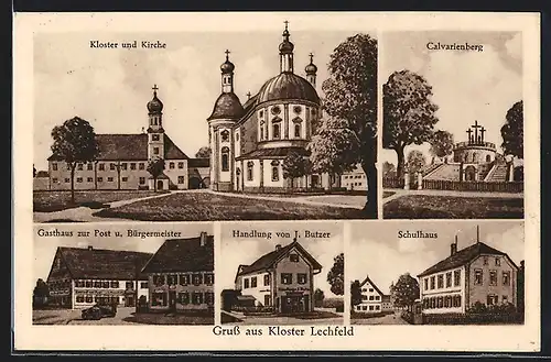 AK Kloster Lechfeld, Schulhaus, Handlung von J. Butzner, Gasthaus zur Post und Bürgermeister