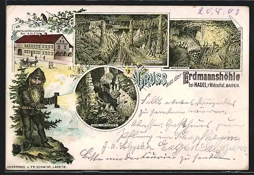 Lithographie Hasel / Wehratal, Erdmannshöhle, Innenansichten, Gasthof z. Erdmannshöhle, Zwerg mit Taschenlampe