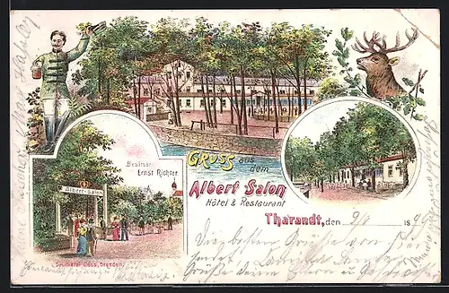 Lithographie Tharandt, Hôtel & Restaurant Albert Salon, Terrasse, Eingang