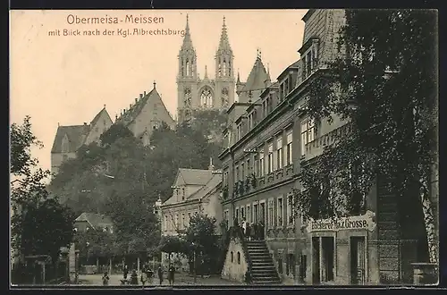 AK Obermeisa-Meissen, Ortspartie und Bäckerei mit Blick nach der Königlichen Albrechtsburg