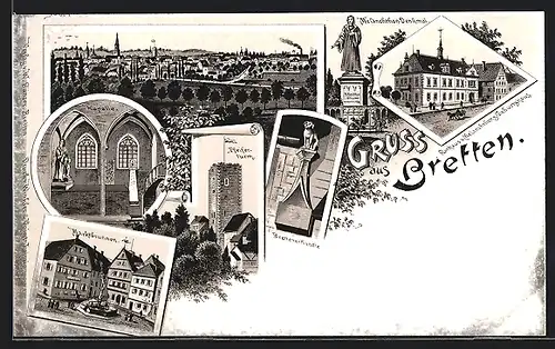 Lithographie Bretten, Rathaus & Melanchthons Geburtshaus, Marktbrunnen, Kapelle-Inneres