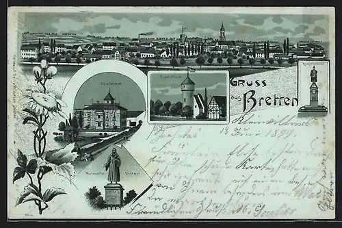 Lithographie Bretten, Simel-Thurm, Villa Schmidt, Melanchton-Denkmal