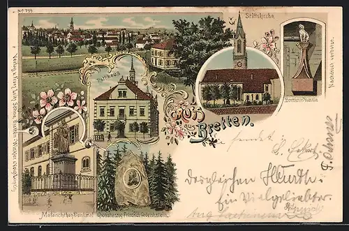 Lithographie Bretten, Ortsansicht, Stiftskirche, Rathaus, Melanchthon-Denkmal