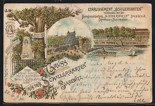 Lithographie Dresden-Blasewitz, Restaurant Schillergarten, Schiller-Linde & Schiller-Denkmal