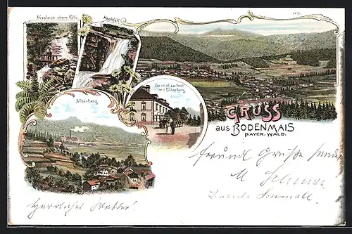 Lithographie Bodenmais / Bayr. Wald, Gasthof zur Post mit Silberberg, Hochfall, Rissloch obere Fälle