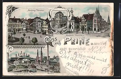 Lithographie Peine, Walzwerk, Marktplatz mit Denkmal, Breitestrasse