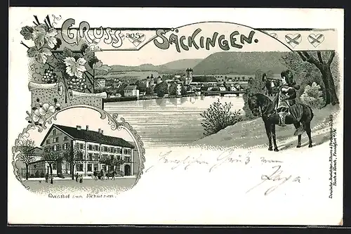 Lithographie Säckingen, Gasthof zum Schützen, Totalansicht mit dem Trompeter zu Säckingen