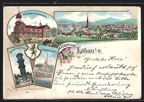 Lithographie Löbau i. S., Ortsansicht, Restauration zum Honigbrunnen, Siegesdenkmal