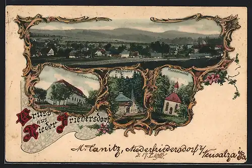 Passepartout-AK Nieder-Friedersdorf, Mardermühle, Jägerhaus, Büttnerschänke, Gesamtansicht