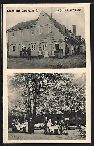 AK Ebersbach, Partie an Augustins Bierpalast mit Gartenlokal