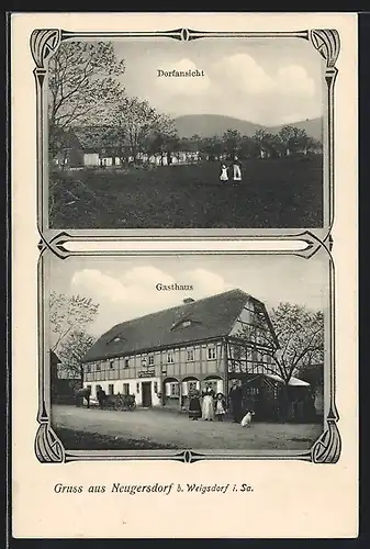 AK Neugersdorf i. Sa., Gasthaus und Dorfansicht