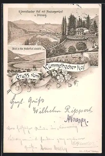 Lithographie Neckargemünd, Gasthaus Kümmelbacher Hof mit Dilsberg, Blick in das Neckarthal abwärts