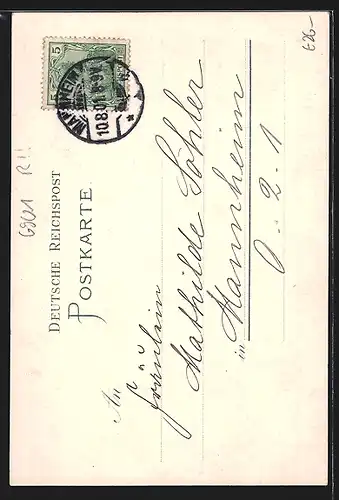 Lithographie Neckargemünd, Gasthaus Kümmelbacher Hof mit Dilsberg, Blick in das Neckarthal abwärts