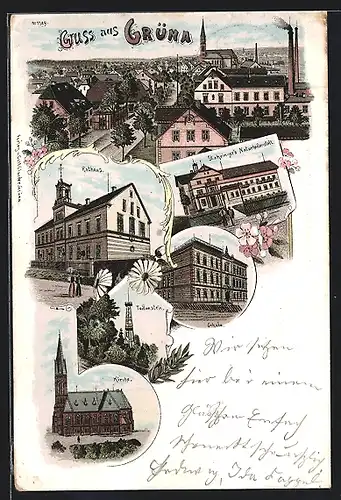 Lithographie Grüna, Rathaus, Stahringer`s Naturheilanstalt, Schule