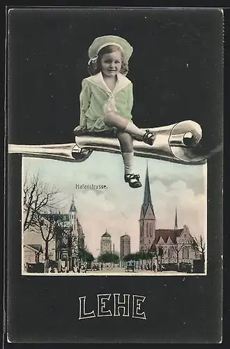 Passepartout-AK Lehe, Hafenstrasse mit Kirche, Mädchen sitzt auf dem Bildausschnitt