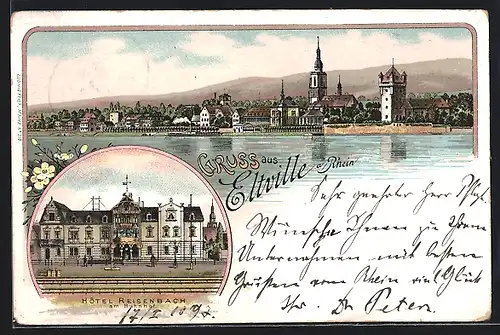 Lithographie Eltville, Hotel Reisenbach am Bahnhof, Ortsansicht