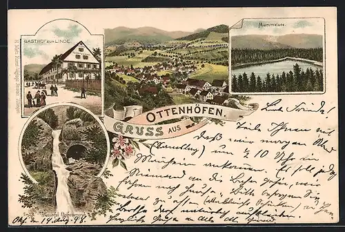 Lithographie Ottenhöfen, Gasthof zur Linde, Mummelsee, Wasserfall Edelfrauengrab, Panorama