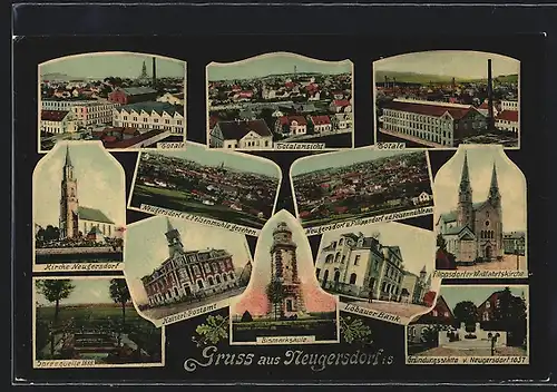 AK Neugersdorf i. S., Kaiserl. Postamt, Kirche, Löbauer Bank, Bismarcksäule