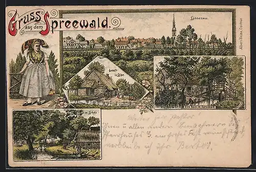 Lithographie Lübbenau, Ortsansicht mit Spreewald und Gehöft in Leipe