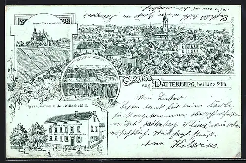 Lithographie Dattenberg, Restaurant von J. Willscheid II.Basalt Steinbruch