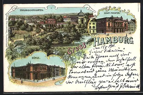 Lithographie Hamburg, Zoologischer Garten, Stadttheater, Börse