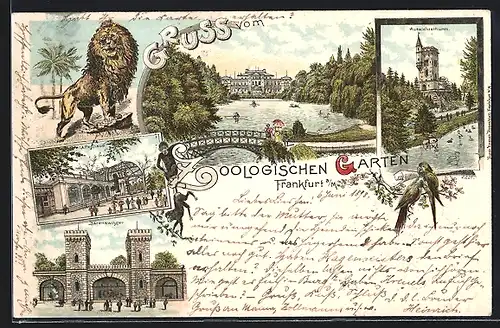 Lithographie Frankfurt, Zoologischer Garten, Bärenzwinger, Affenhaus, Aussichtsturm, Löwe