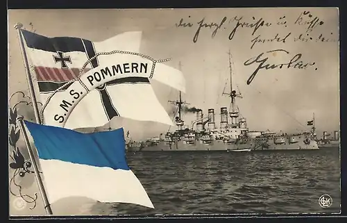 AK S.M.S. Pommern auf hoher See, Flaggen, Wappen