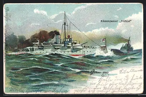 Lithographie Küstenpanzer Frithjof in voller Fahrt