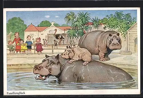 Künstler-AK Fritz Baumgarten: Staunende Kinder am Nilpferdgehege im Zoo
