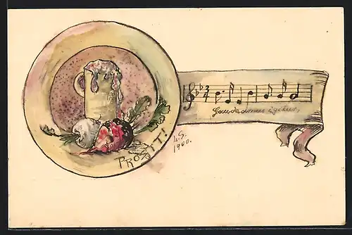 Künstler-AK Handgemalt: Prosit mit Bierkrug und Rüben, Gaudeamus igitur, Notenzeile